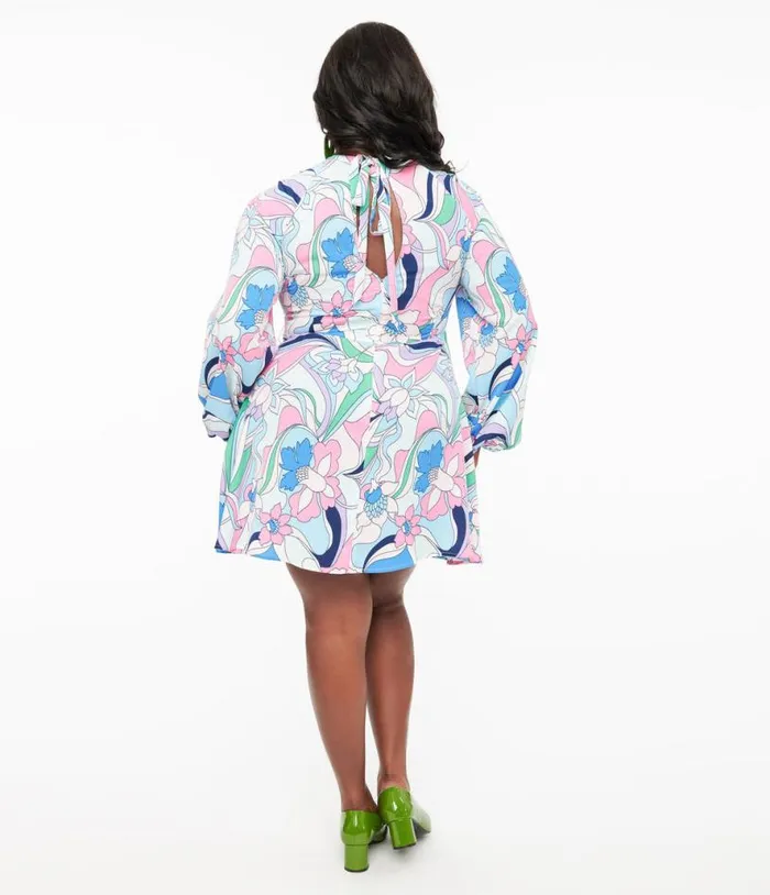 Smak Parlour Plus Size 1970s Blue and Pink Floral Fit and Flare Dress DressesClothingPlus Unique Vintage Blouses