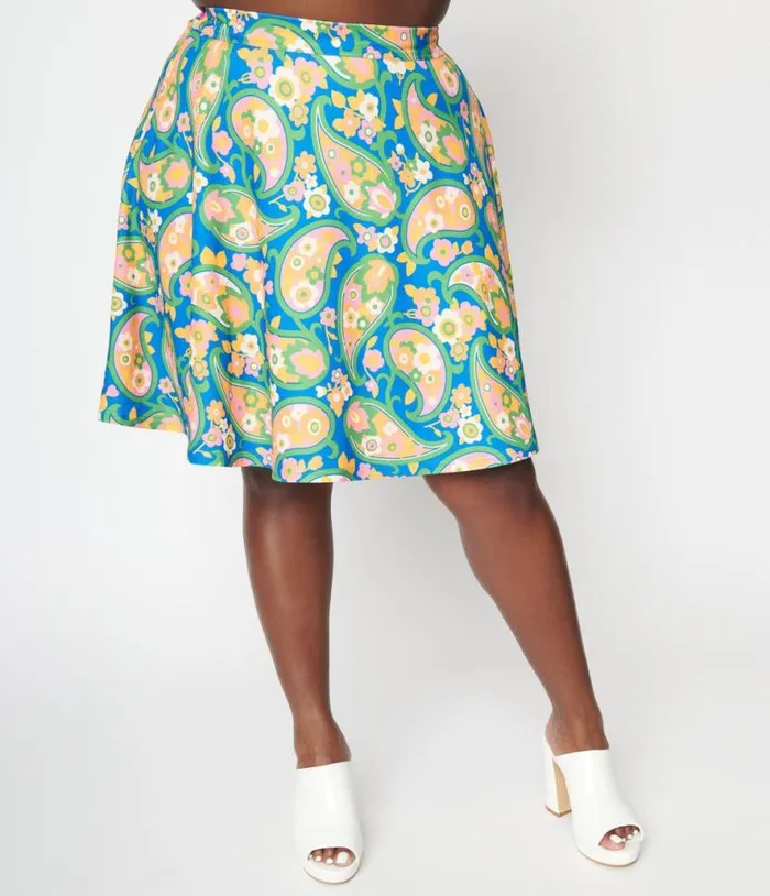 Smak Parlour Plus Size Blue Paisley Floral Mod Print Sweet Talk Flare Skirt ClothingPlus Unique Vintage Skirts
