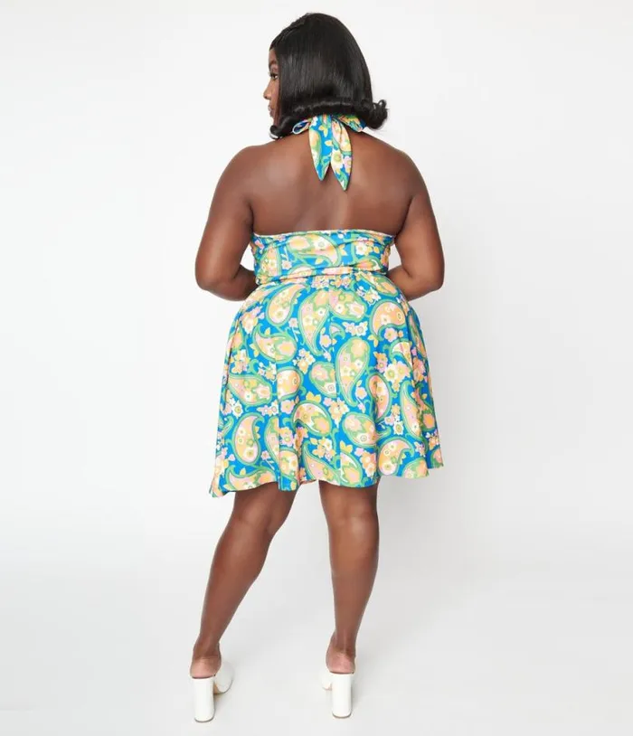 Smak Parlour Plus Size Blue Paisley Floral Mod Print Sweet Talk Flare Skirt ClothingPlus Unique Vintage Skirts