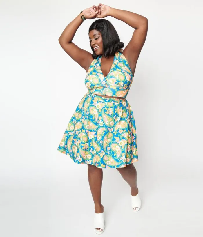 Smak Parlour Plus Size Blue Paisley Floral Mod Print Sweet Talk Flare Skirt ClothingPlus Unique Vintage Skirts