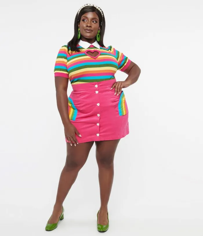 Smak Parlour Plus Size Hot Pink and Rainbow Match Game Mini Skirt ClothingPlus Unique Vintage Skirts