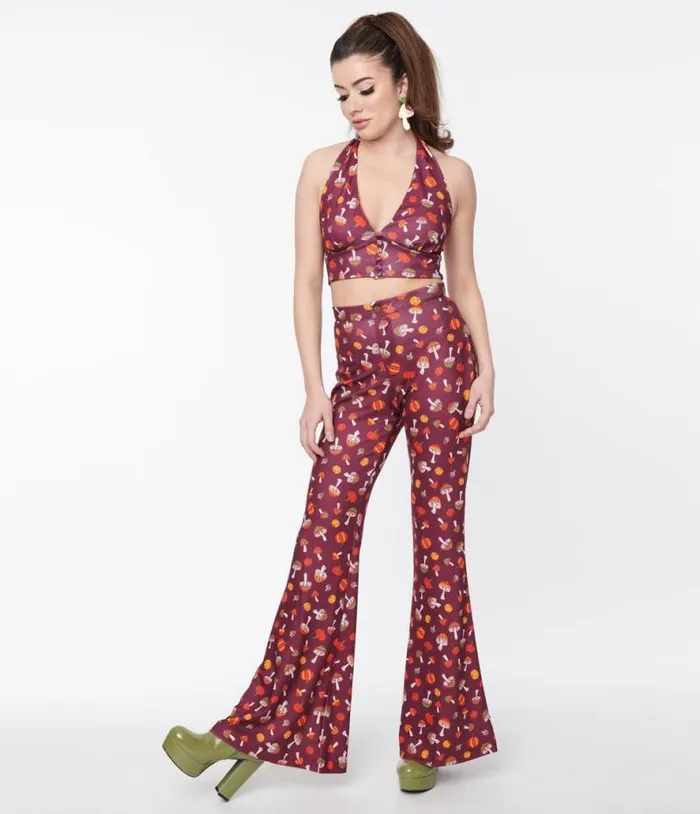 Smak Parlour Purple 1970s Pumpkin and Mushrooms Find Your Flare Pants ClothingHalloweenPlus Unique Vintage Bottoms