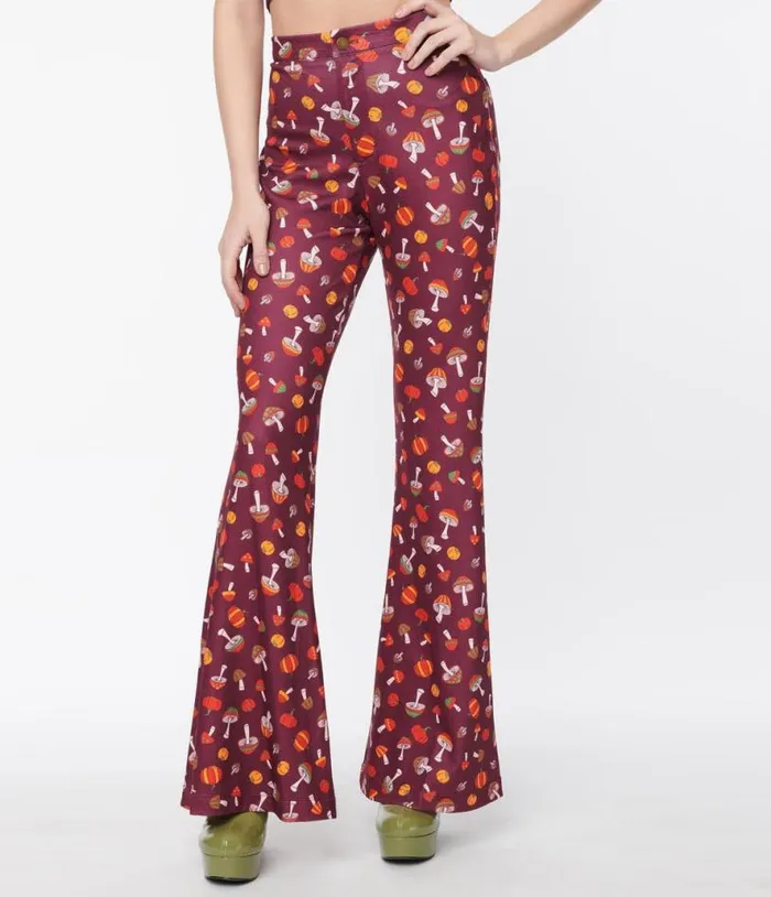 Smak Parlour Purple 1970s Pumpkin and Mushrooms Find Your Flare Pants ClothingHalloweenPlus Unique Vintage Bottoms
