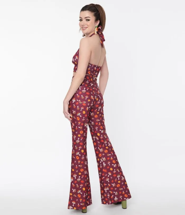 Smak Parlour Purple 1970s Pumpkin and Mushrooms Find Your Flare Pants ClothingHalloweenPlus Unique Vintage Bottoms