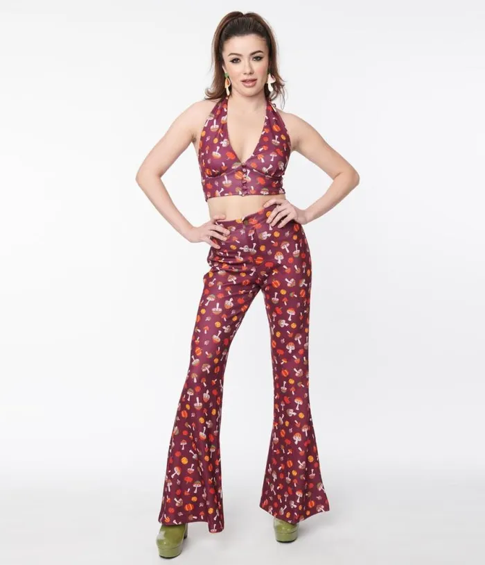 Smak Parlour Purple 1970s Pumpkin and Mushrooms Find Your Flare Pants ClothingHalloweenPlus Unique Vintage Bottoms