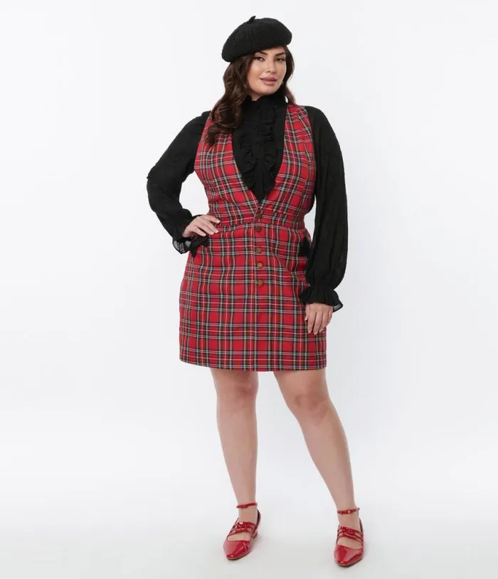 Smak Parlour Red Plaid Pinafore Skirt ClothingPlus Unique Vintage Skirts