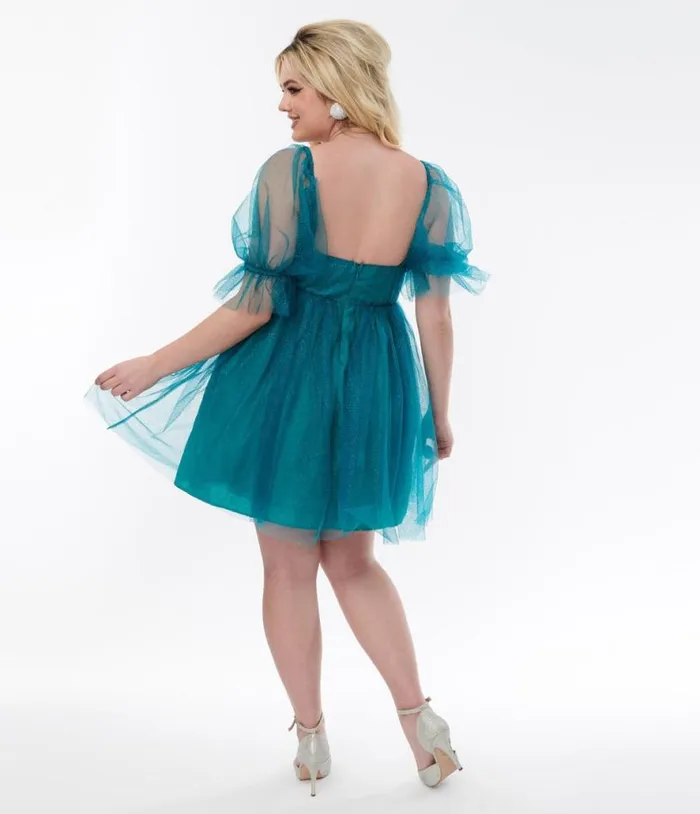 Smak Parlour Teal Glitter Love Interest Babydoll Dress DressesPlus Unique Vintage Babydoll