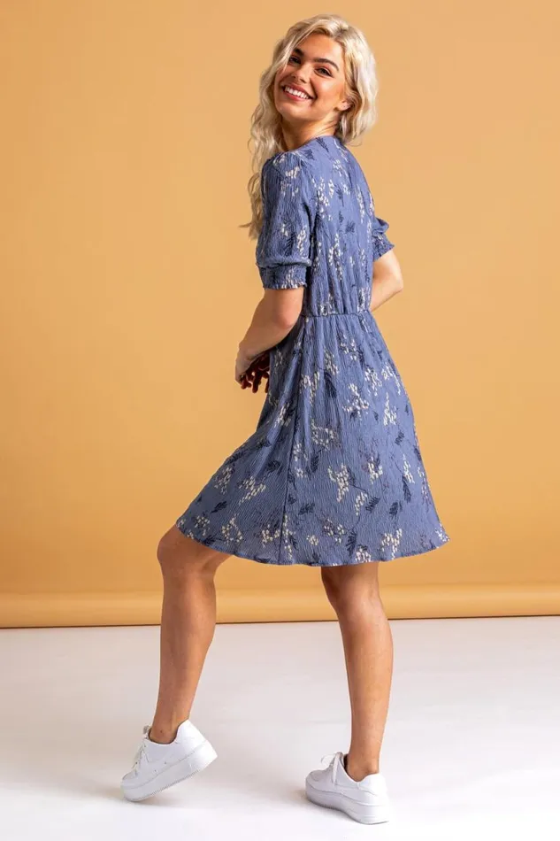 Steel Blue Floral Shirred Cuff Tea Dress Women Roman Dresses