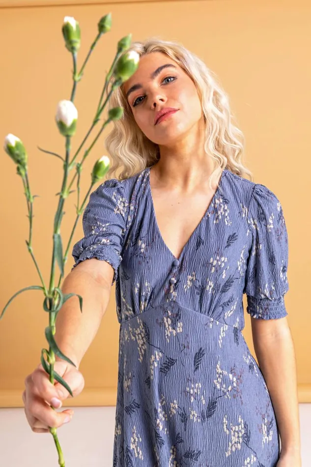 Steel Blue Floral Shirred Cuff Tea Dress Women Roman Dresses