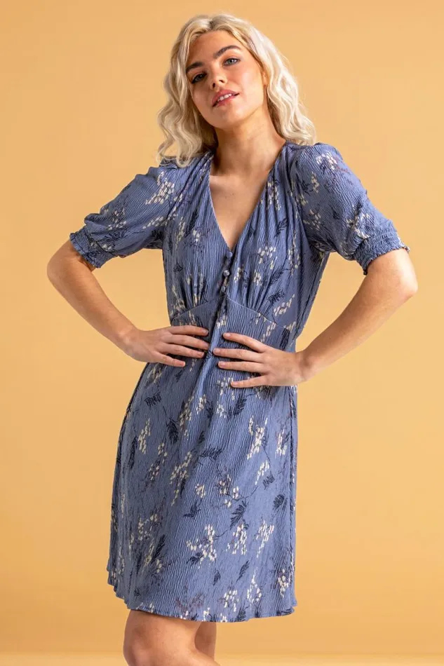 Steel Blue Floral Shirred Cuff Tea Dress Women Roman Dresses