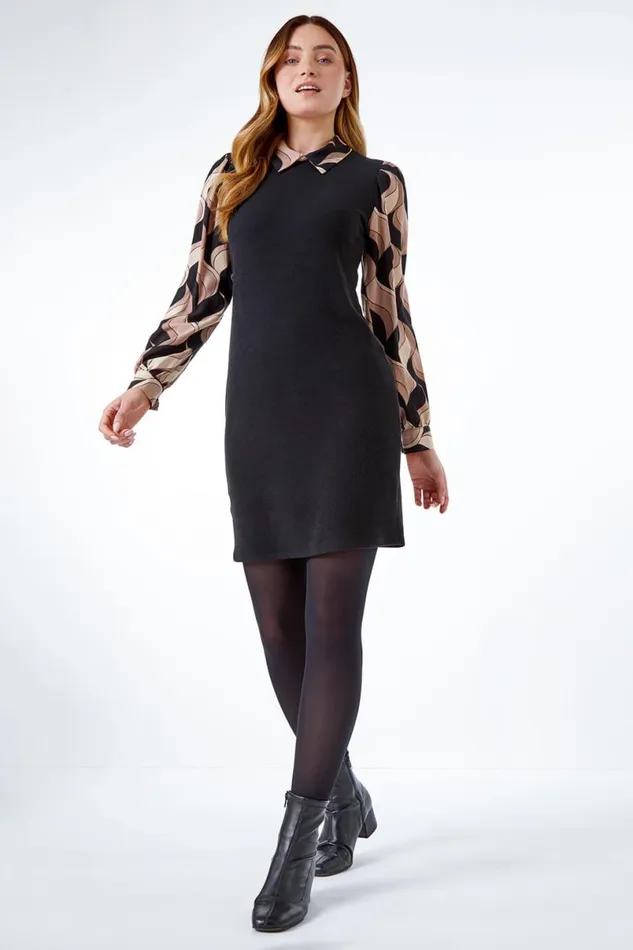 Stone Contrast Sleeve Stretch Shirt Dress Women Roman Dresses