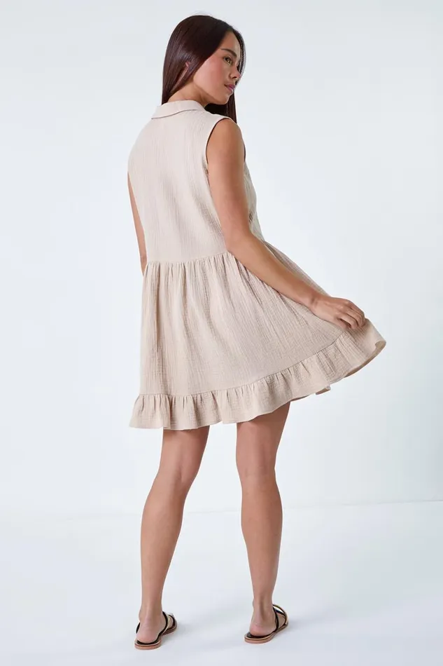 Stone Petite Textured Cotton Frill Tunic Dress Women Roman Dresses