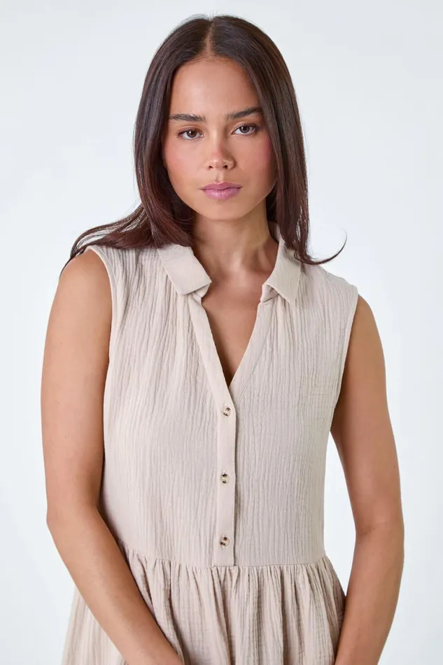 Stone Petite Textured Cotton Frill Tunic Dress Women Roman Dresses