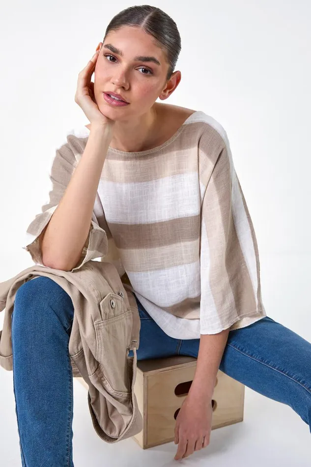 Stone Stripe Print Cotton Tunic Top Women Roman Tops