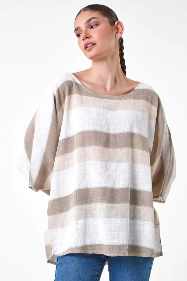 Stone Stripe Print Cotton Tunic Top Women Roman Tops