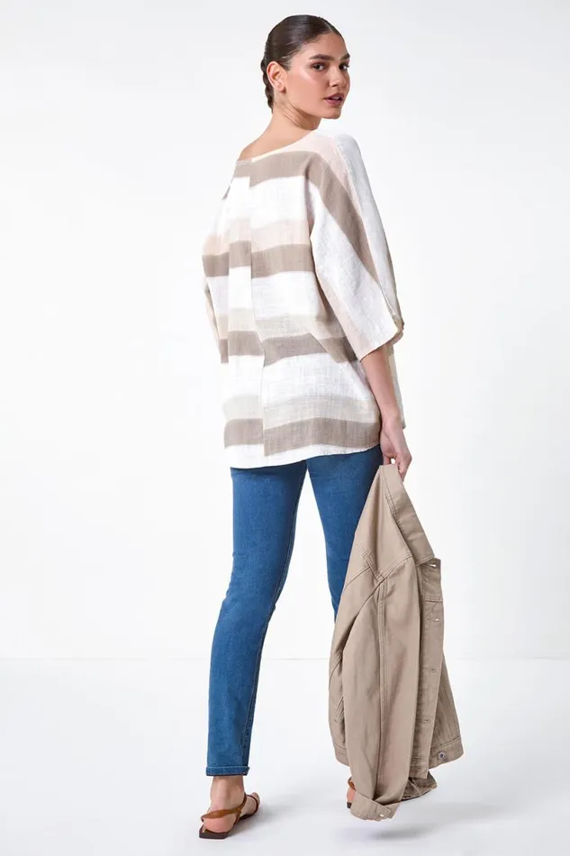 Stone Stripe Print Cotton Tunic Top Women Roman Tops