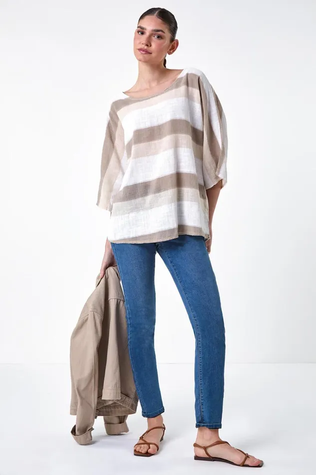 Stone Stripe Print Cotton Tunic Top Women Roman Tops