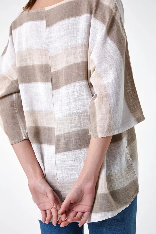 Stone Stripe Print Cotton Tunic Top Women Roman Tops