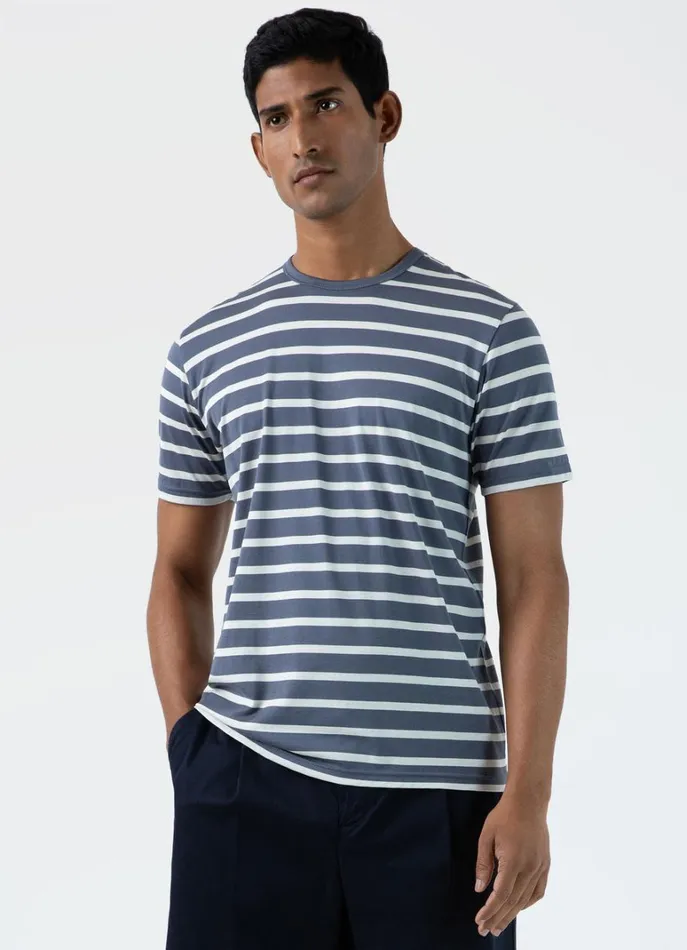 SUNSPEL Tshirts Classic Tshirt Slate Blueecru Breton Stripe 8211 Men