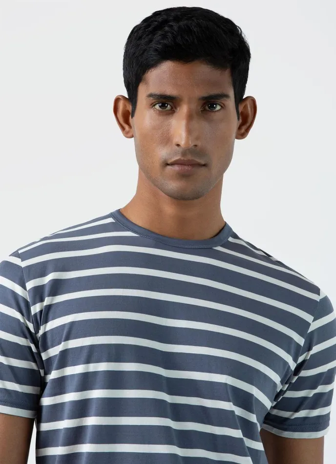 SUNSPEL Tshirts Classic Tshirt Slate Blueecru Breton Stripe 8211 Men
