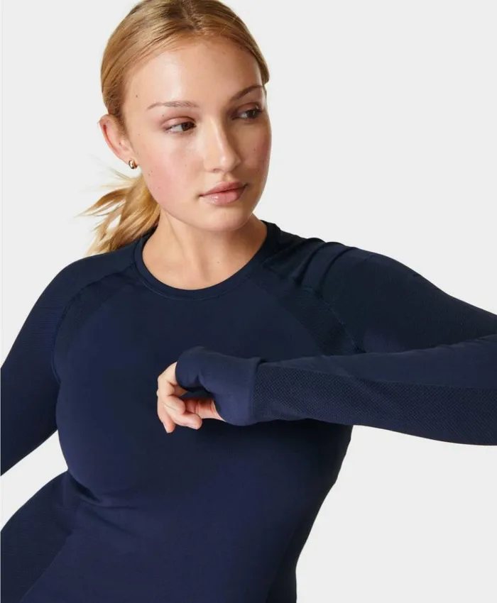 Sweaty Betty Athlete Seamless Workout Long Sleeve Top Navy Blue Clothing Long Sleeve Tops