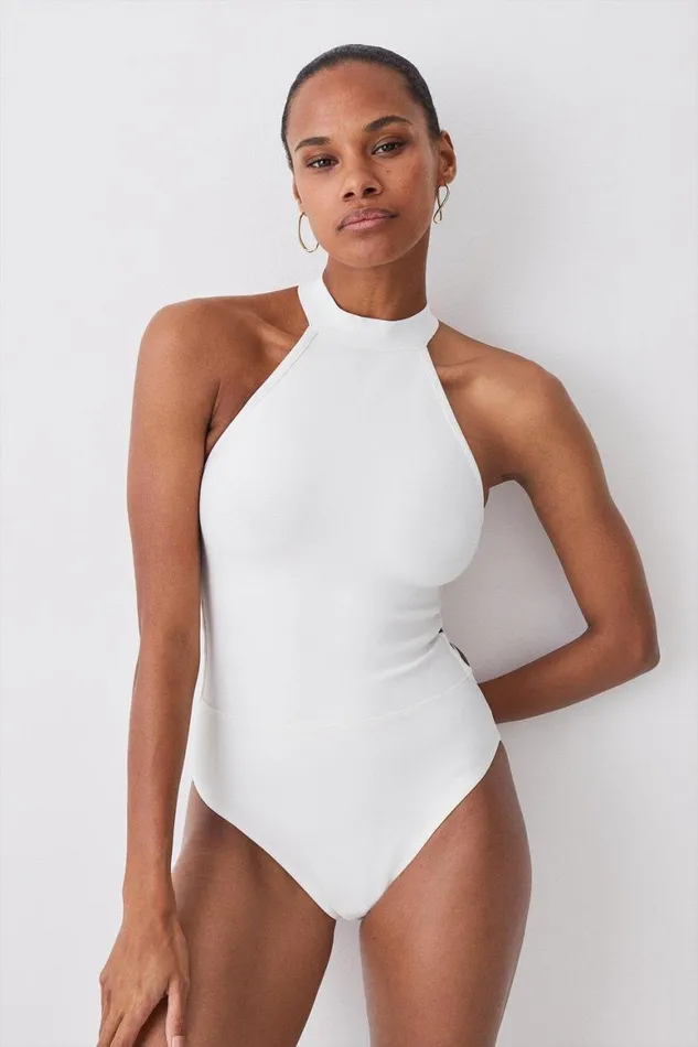Swimwear Women Karen Millen Bandage Halter Neck Strappy Back Swimsuit Ivory