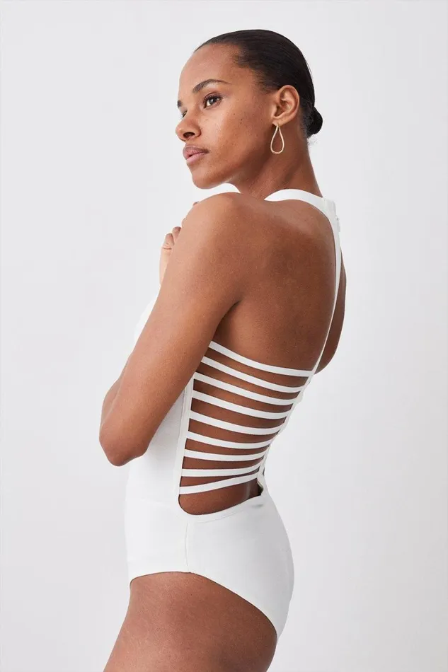 Swimwear Women Karen Millen Bandage Halter Neck Strappy Back Swimsuit Ivory
