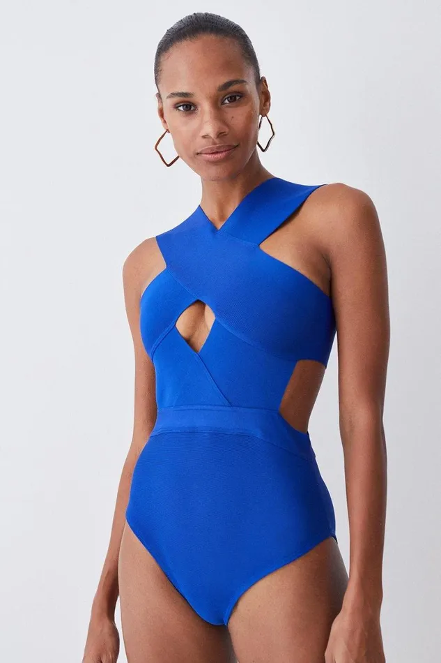 Swimwear Women Karen Millen Bandage Textured Cross Front Swimsuit Cobalt