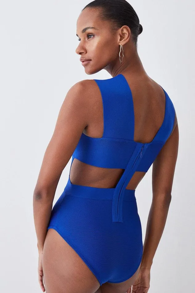 Swimwear Women Karen Millen Bandage Textured Cross Front Swimsuit Cobalt
