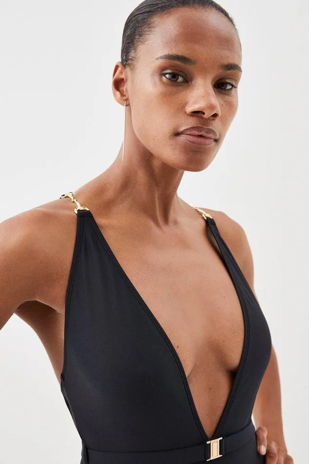 Swimwear Women Karen Millen Plunge Belt Trim Detail Swimsuit Black