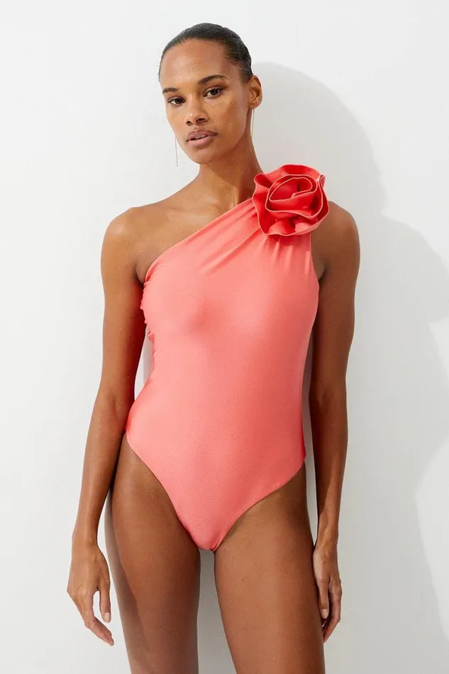 Swimwear Women Karen Millen Rosette Detail Asymmetric Swimsuit Blush