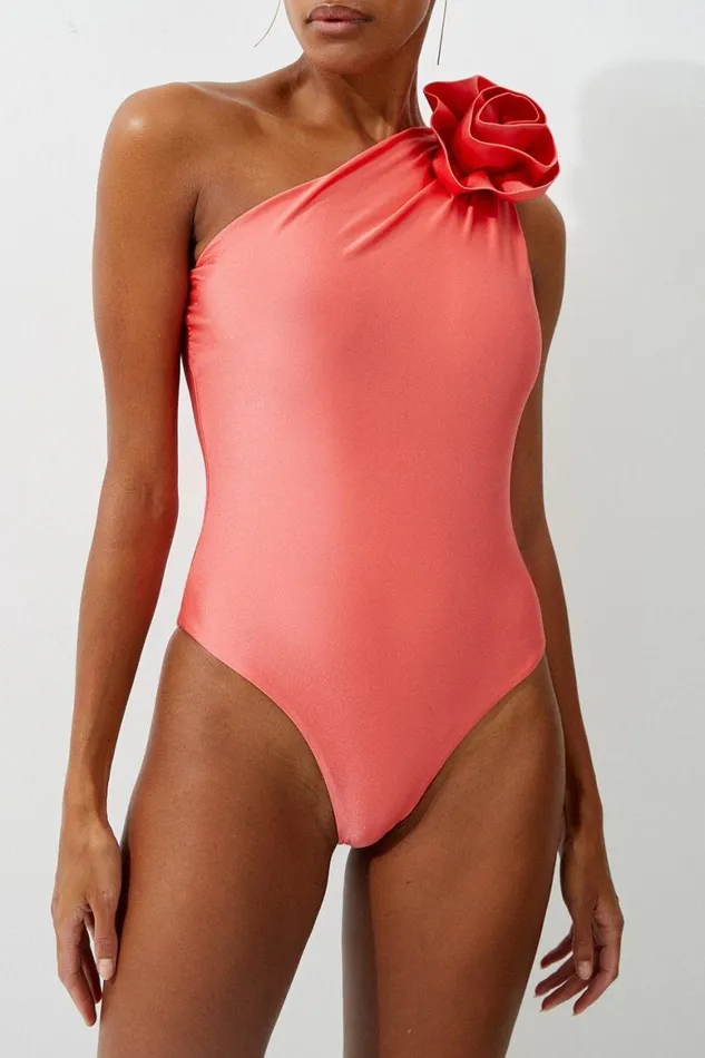 Swimwear Women Karen Millen Rosette Detail Asymmetric Swimsuit Blush