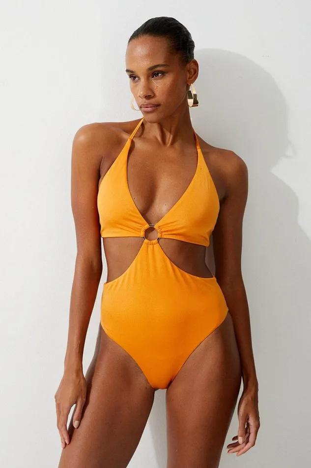 Swimwear Women Karen Millen Slinky Cut Out Ring Detail Swimsuit Orange