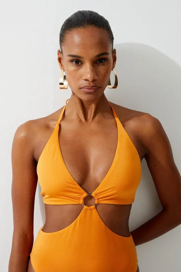 Swimwear Women Karen Millen Slinky Cut Out Ring Detail Swimsuit Orange