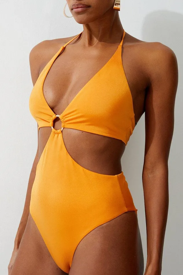 Swimwear Women Karen Millen Slinky Cut Out Ring Detail Swimsuit Orange