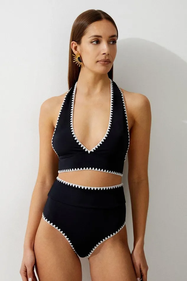 Swimwear Women Karen Millen Stitch Detail Plunge Bikini Top Black