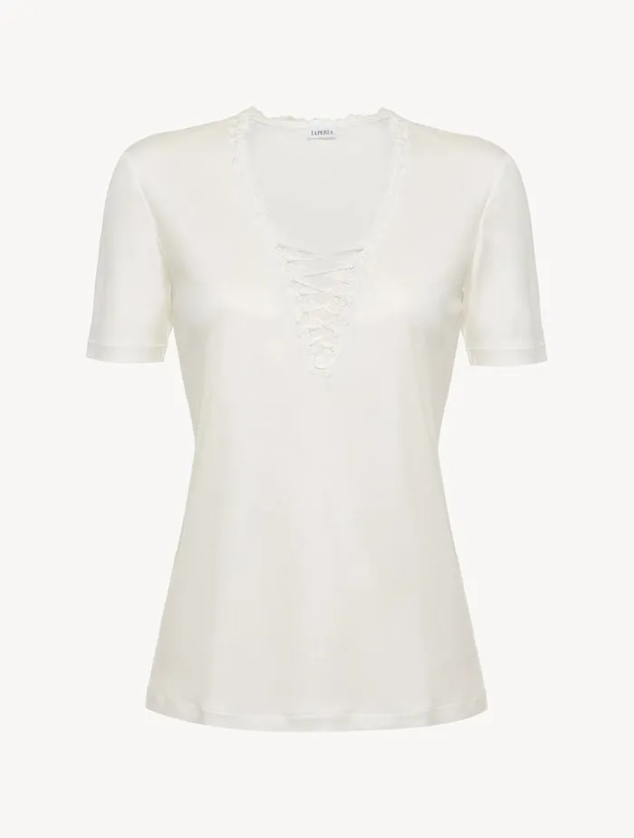 Tshirt In Offwhite Modal With Embroidered Tulle Sleepwear La Perla Camisoles