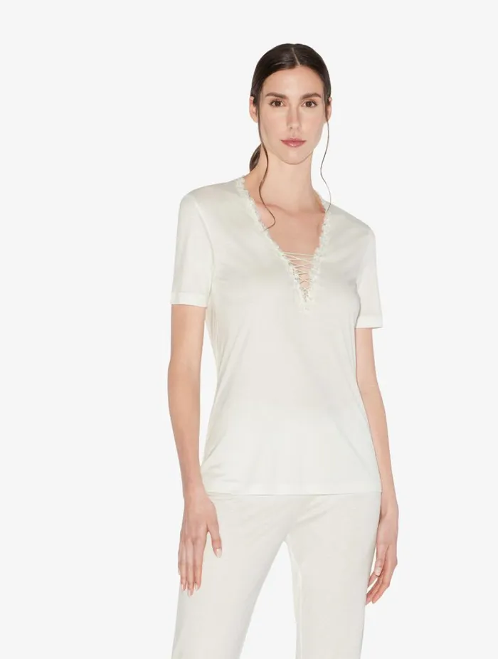 Tshirt In Offwhite Modal With Embroidered Tulle Sleepwear La Perla Camisoles