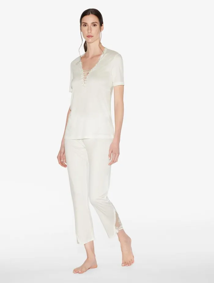 Tshirt In Offwhite Modal With Embroidered Tulle Sleepwear La Perla Camisoles