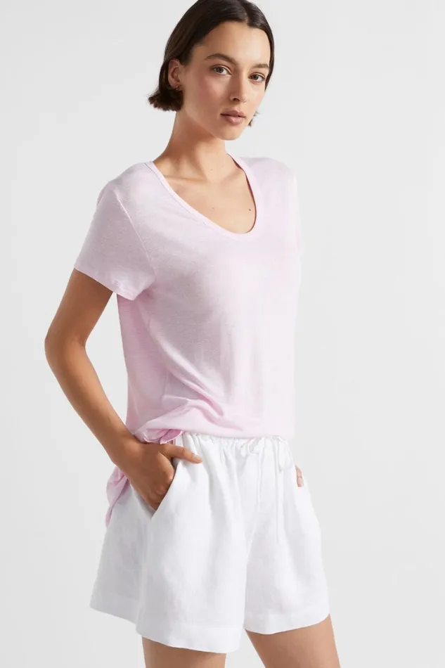 TShirts and Tops Woman Seed Heritage Linen Blend Stripe Tee Pink Gin Stripe