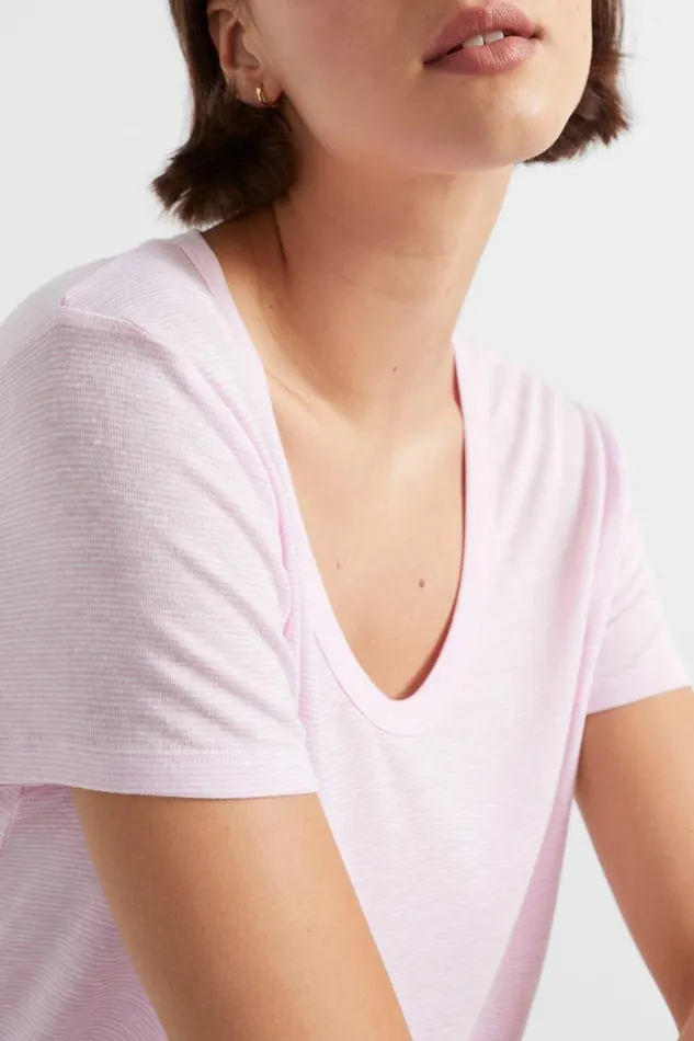 TShirts and Tops Woman Seed Heritage Linen Blend Stripe Tee Pink Gin Stripe