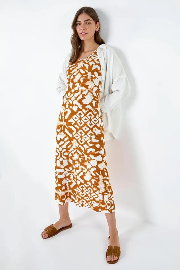 Tan Tie Dye Stretch Pocket Midi Dress Women Roman Dresses