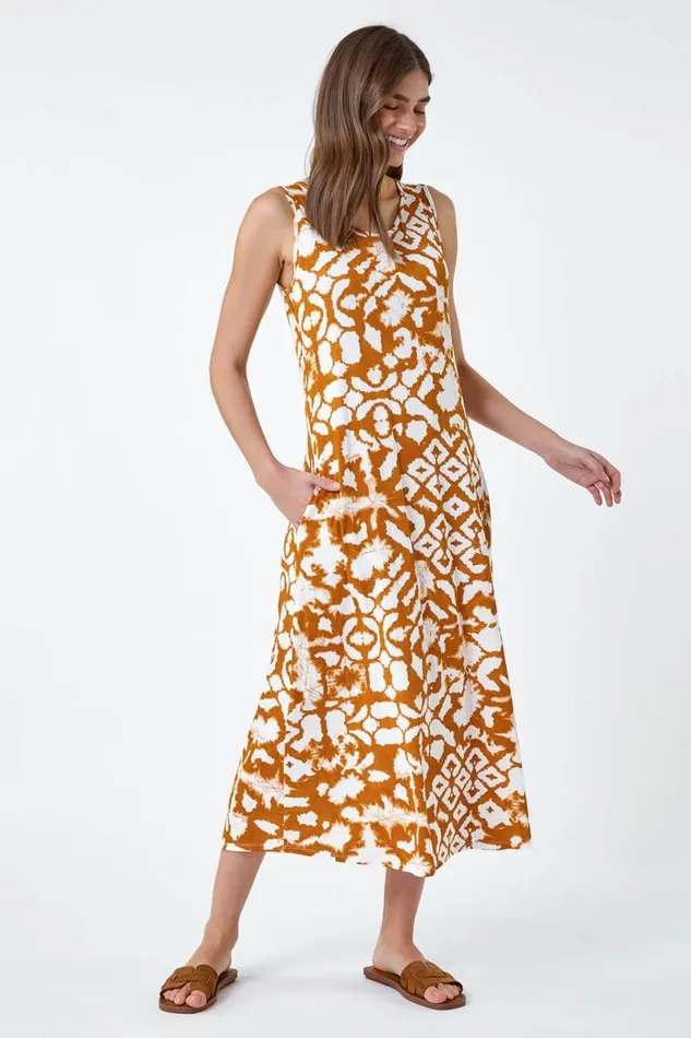 Tan Tie Dye Stretch Pocket Midi Dress Women Roman Dresses