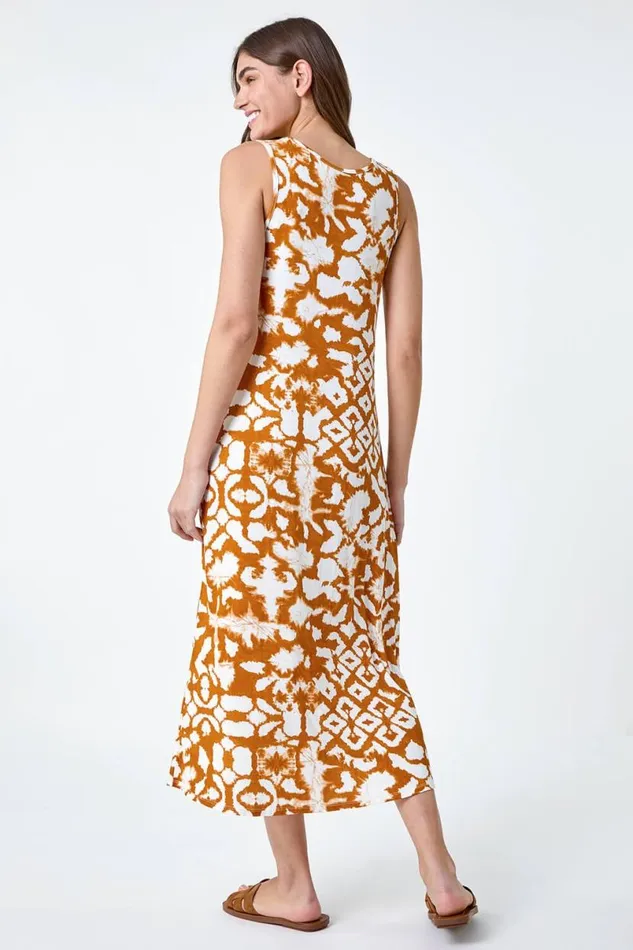 Tan Tie Dye Stretch Pocket Midi Dress Women Roman Dresses