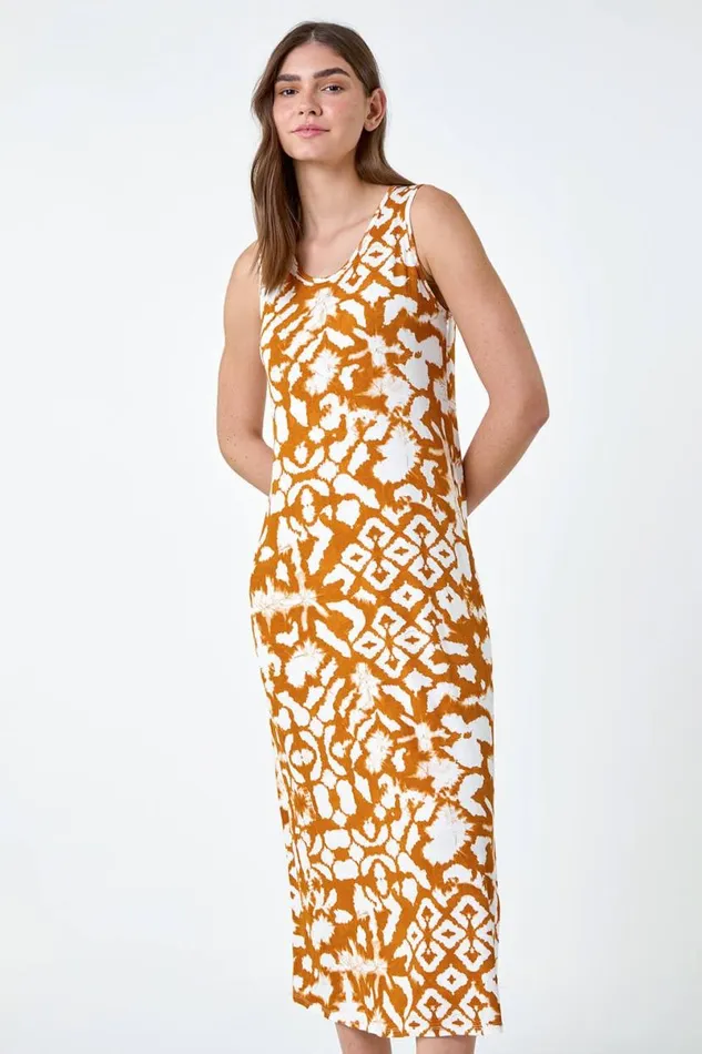 Tan Tie Dye Stretch Pocket Midi Dress Women Roman Dresses