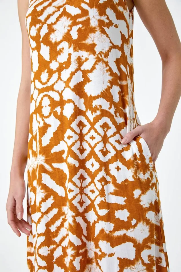 Tan Tie Dye Stretch Pocket Midi Dress Women Roman Dresses