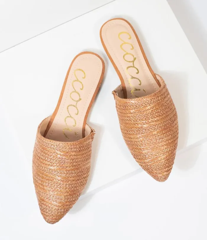 Tan Woven Straw Slip On Mules Shoes Unique Vintage Flats