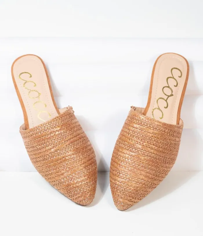 Tan Woven Straw Slip On Mules Shoes Unique Vintage Flats