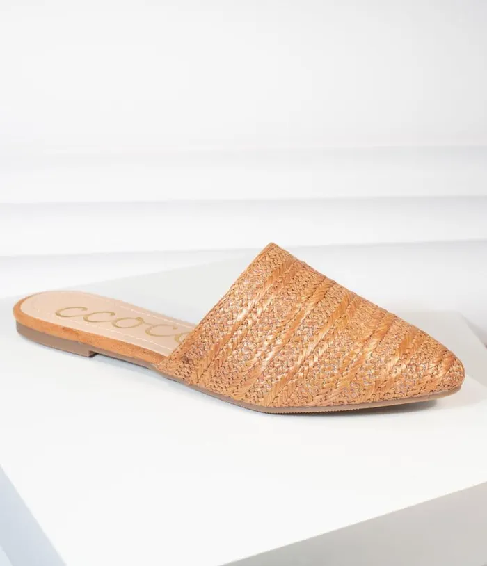 Tan Woven Straw Slip On Mules Shoes Unique Vintage Flats
