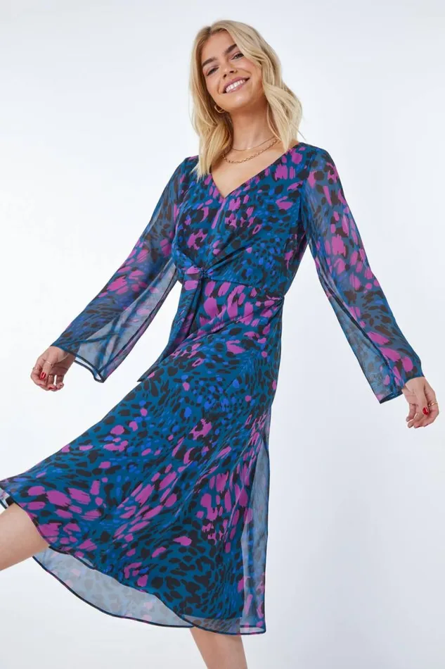 Teal Animal Print Chiffon Knot Front Dress Women Roman Dresses